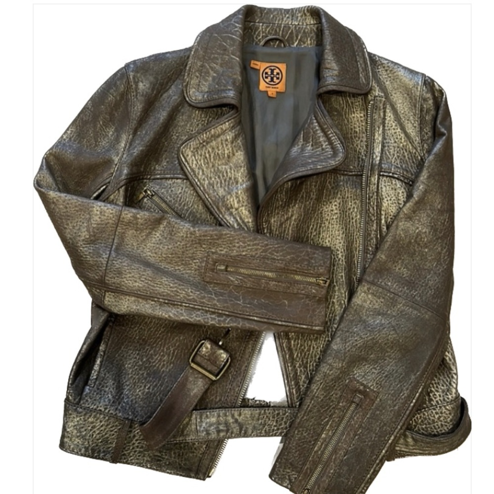 Tory Burch Gold Dusted Leather Biker Jacket